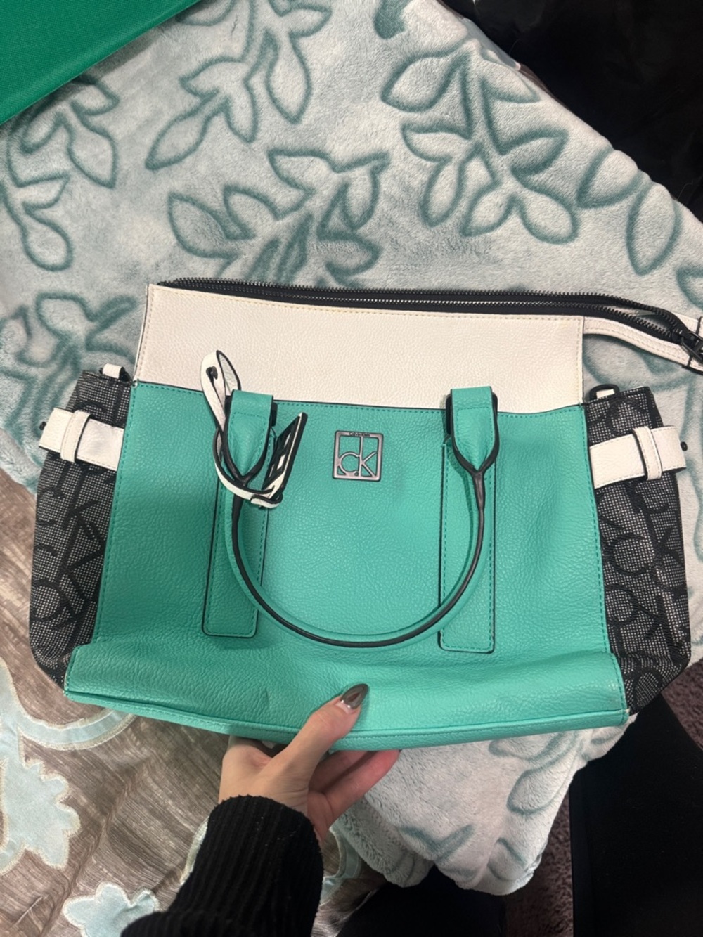 Calvin Klein Turquoise, White & Black Leather Satchel